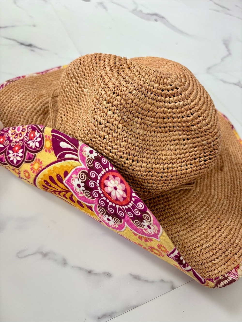 Vera Bradley Straw Sun Hat Wide Brim Floral Paisley Boho Colorful Resort Beach